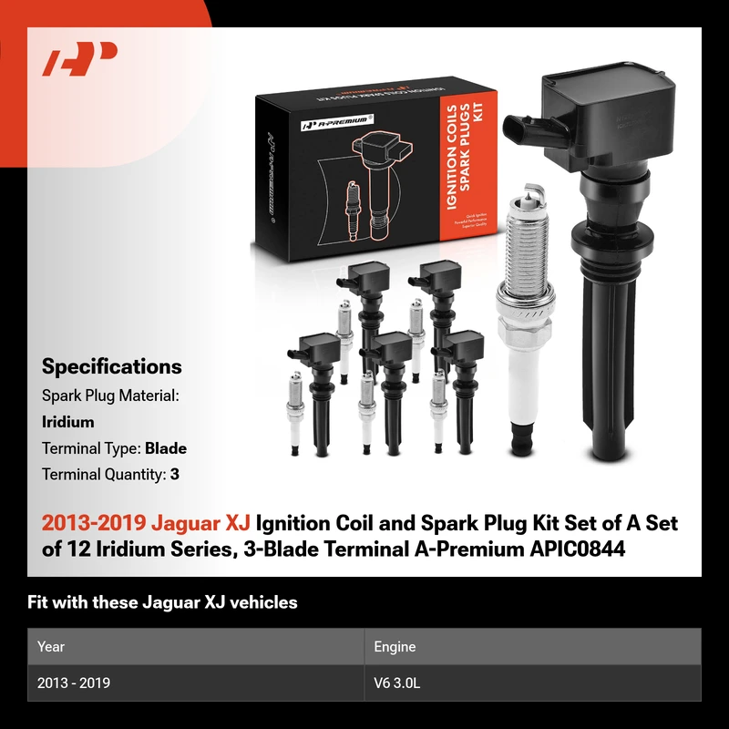 2013-2019 Jaguar XJ Ignition Coil and Spark Plug Kit Set of A Set of 12 Iridium Series, 3-Blade Terminal A-Premium APIC0844