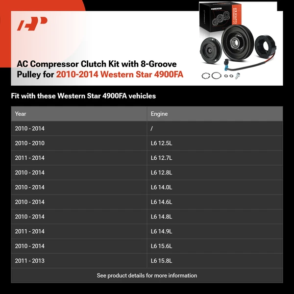 AC Compressor Clutch Kit with 8-Groove Pulley for 2010-2014 Western Star 4900FA