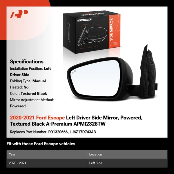 2020-2021 Ford Escape Left Driver Side Mirror, Powered, Textured Black A-Premium APMI2328TW