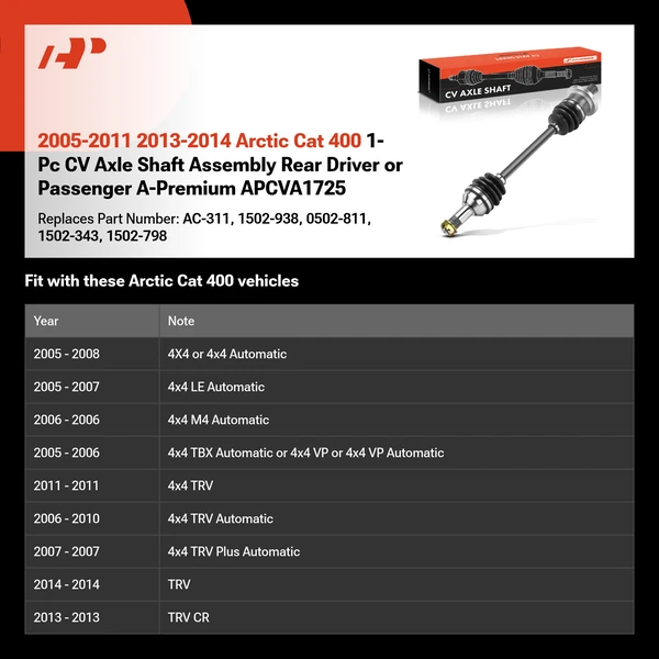 2005-2011 2013-2014 Arctic Cat 400 1-Pc CV Axle Shaft Assembly Rear Driver or Passenger A-Premium APCVA1725