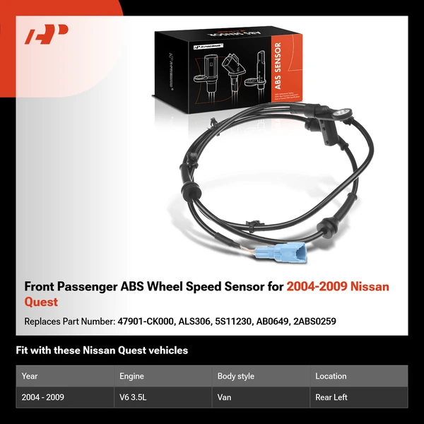 Front Passenger ABS Wheel Speed Sensor for 2004-2009 Nissan Quest