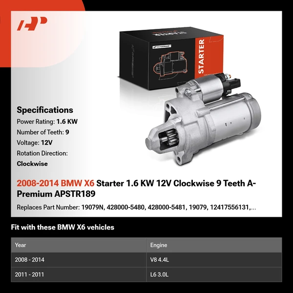 2008-2014 BMW X6 Starter 1.6 KW 12V Clockwise 9 Teeth A-Premium APSTR189