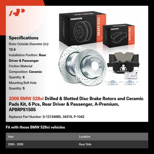 2008 BMW 528xi Drilled & Slotted Disc Brake Rotors and Ceramic Pads Kit, 6 Pcs, Rear Driver & Passenger, A-Premium, APBRPS1505