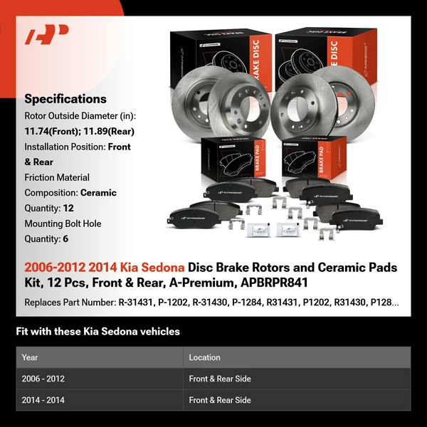 2006-2012 2014 Kia Sedona Disc Brake Rotors and Ceramic Pads Kit, 12 Pcs, Front & Rear, A-Premium, APBRPR841