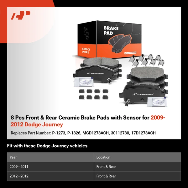8 Pcs Front & Rear Ceramic Brake Pads with Sensor for 2009-2012 Dodge Journey