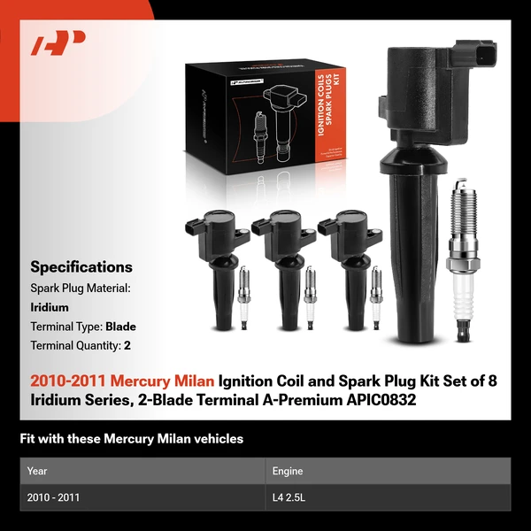 2010-2011 Mercury Milan Ignition Coil and Spark Plug Kit Set of 8 Iridium Series, 2-Blade Terminal A-Premium APIC0832