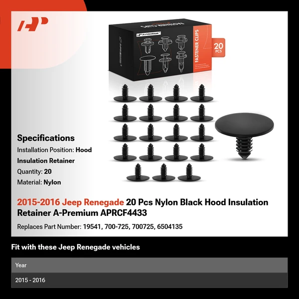 2015-2016 Jeep Renegade 20 Pcs Nylon Black Hood Insulation Retainer A-Premium APRCF4433