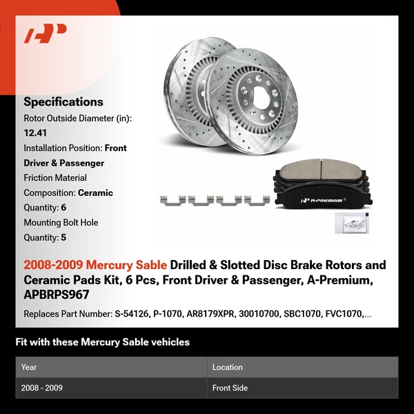 2008-2009 Mercury Sable Drilled & Slotted Disc Brake Rotors and Ceramic Pads Kit, 6 Pcs, Front Driver & Passenger, A-Premium, APBRPS967
