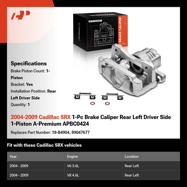 2004-2009 Cadillac SRX 1-Pc Brake Caliper Rear Left Driver Side 1-Piston A-Premium APBC0424