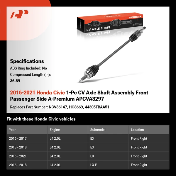 2016-2021 Honda Civic 1-Pc CV Axle Shaft Assembly Front Passenger Side A-Premium APCVA3297