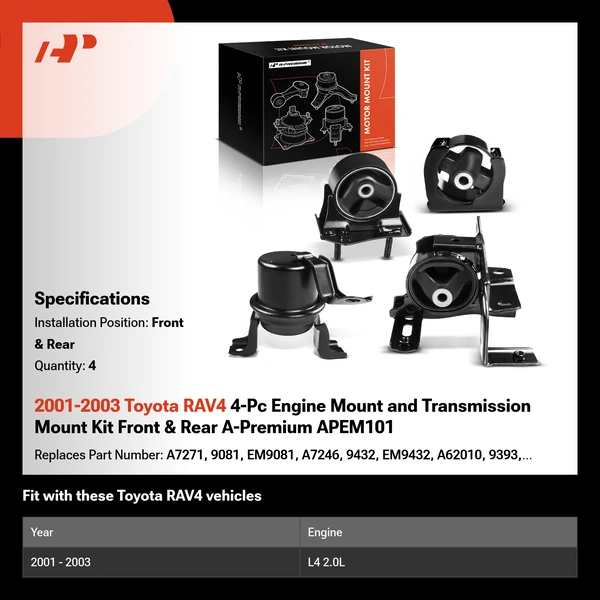 2001-2003 Toyota RAV4 4-Pc Engine Mount and Transmission Mount Kit Front & Rear A-Premium APEM101