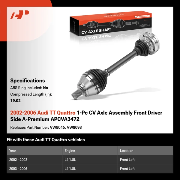 2002-2006 Audi TT Quattro 1-Pc CV Axle Assembly Front Driver Side A-Premium APCVA3472