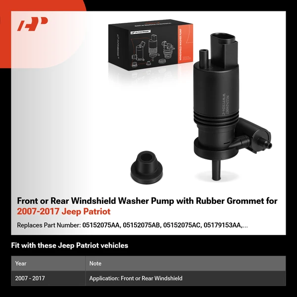 Front or Rear Windshield Washer Pump with Rubber Grommet for 2007-2017 Jeep Patriot