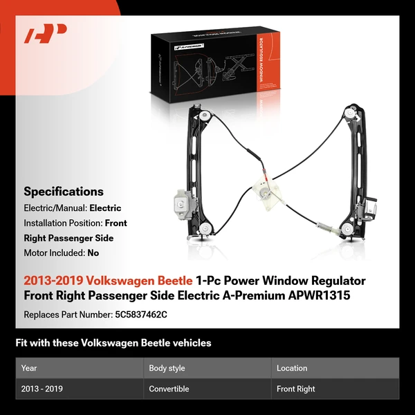 2013-2019 Volkswagen Beetle 1-Pc Power Window Regulator Front Right Passenger Side Electric A-Premium APWR1315