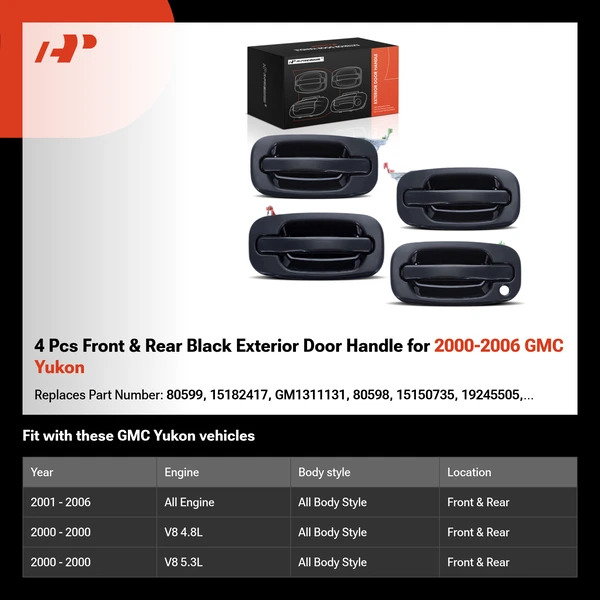 4 Pcs Front & Rear Black Exterior Door Handle for 2000-2006 GMC Yukon