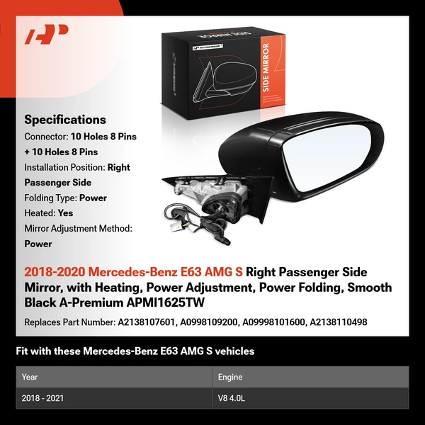2018-2020 Mercedes-Benz E63 AMG S Right Passenger Side Mirror, with Heating, Power Adjustment, Power Folding, Smooth Black A-Premium APMI1625TW