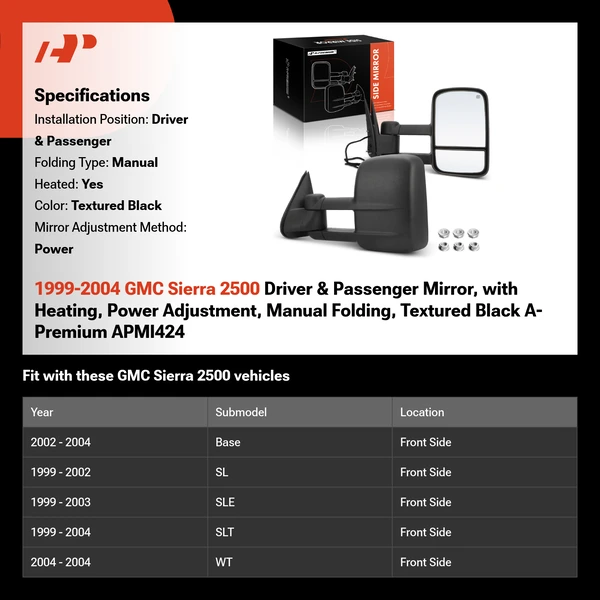 1999-2004 GMC Sierra 2500 Driver & Passenger Mirror, with Heating, Power Adjustment, Manual Folding, Textured Black A-Premium APMI424