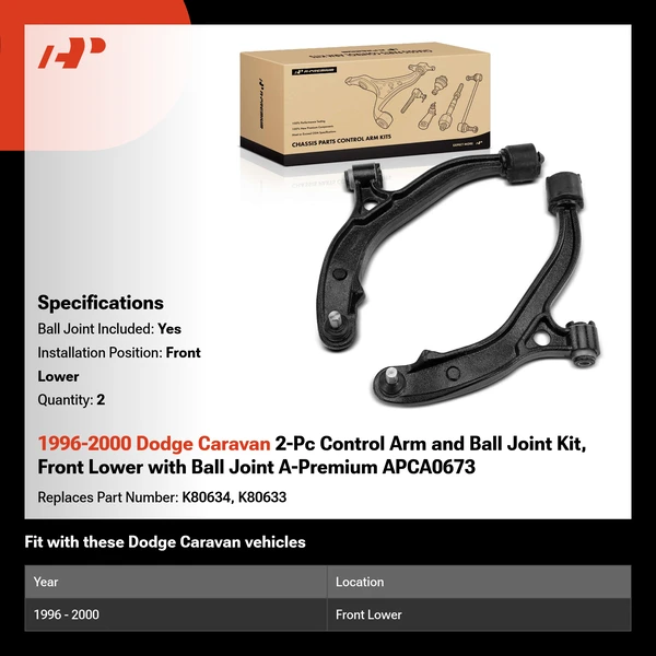 1996-2000 Dodge Caravan 2-Pc Control Arm and Ball Joint Kit, Front Lower with Ball Joint A-Premium APCA0673
