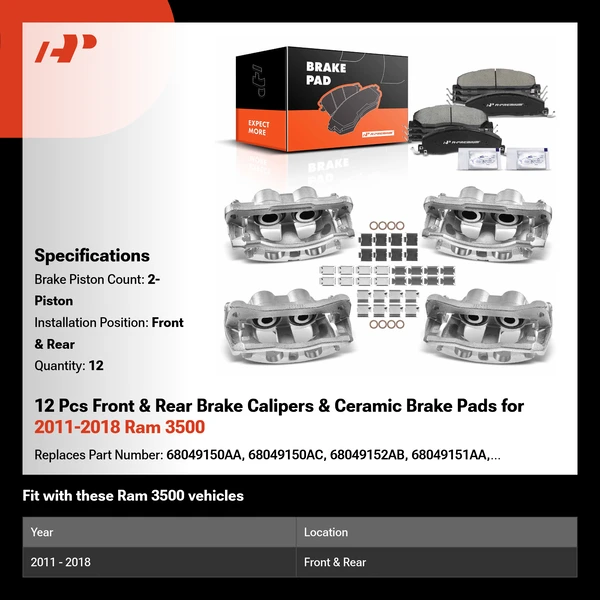 12 Pcs Front & Rear Brake Calipers & Ceramic Brake Pads for 2011-2018 Ram 3500