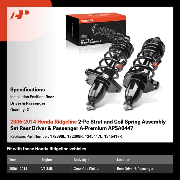 2006-2014 Honda Ridgeline 2-Pc Strut and Coil Spring Assembly Set Rear Driver & Passenger A-Premium APSA0447