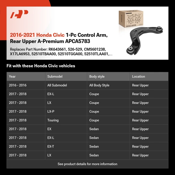 2016-2021 Honda Civic 1-Pc Control Arm, Rear Upper A-Premium APCA5783