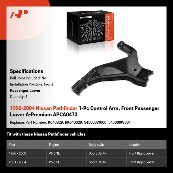 1996-2004 Nissan Pathfinder 1-Pc Control Arm, Front Passenger Lower A-Premium APCA0473