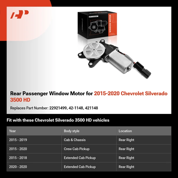 Rear Passenger Window Motor for 2015-2020 Chevrolet Silverado 3500 HD