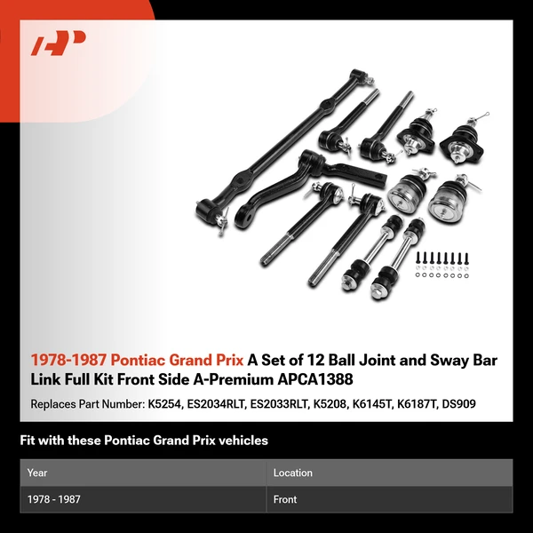 1978-1987 Pontiac Grand Prix A Set of 12 Ball Joint and Sway Bar Link Full Kit Front Side A-Premium APCA1388