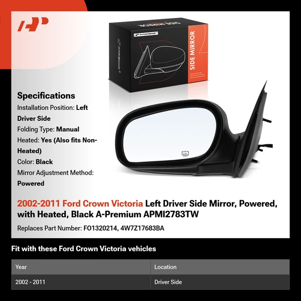2002-2011 Ford Crown Victoria Left Driver Side Mirror, Powered, with Heated, Black A-Premium APMI2783TW