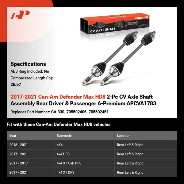 2017-2021 Can-Am Defender Max HD8 2-Pc CV Axle Shaft Assembly Rear Driver & Passenger A-Premium APCVA1783