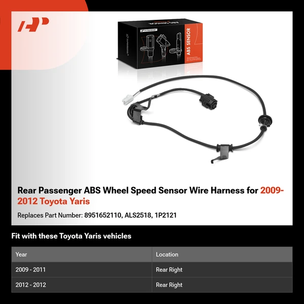 Rear Passenger ABS Wheel Speed Sensor Wire Harness for 2009-2012 Toyota Yaris