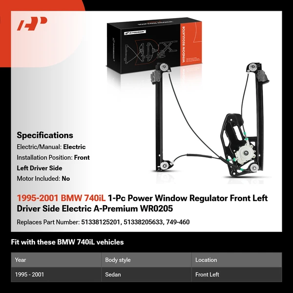 1995-2001 BMW 740iL 1-Pc Power Window Regulator Front Left Driver Side Electric A-Premium WR0205