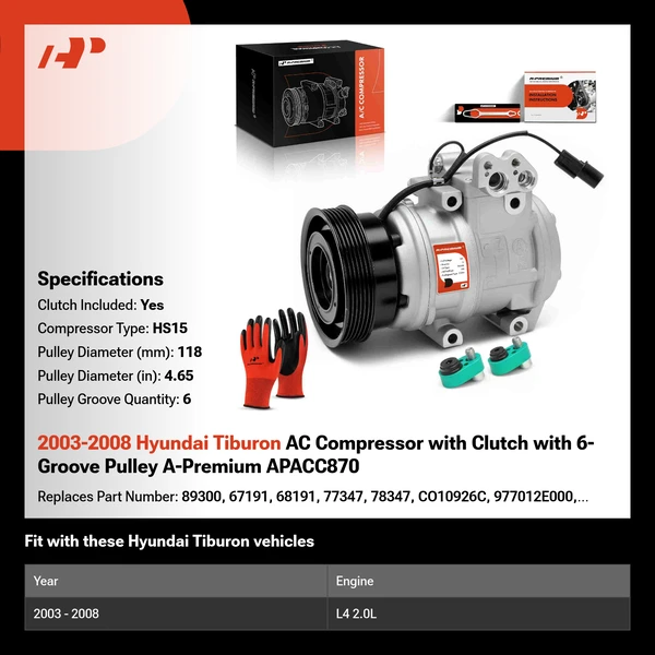 2003-2008 Hyundai Tiburon AC Compressor with Clutch with 6-Groove Pulley A-Premium APACC870