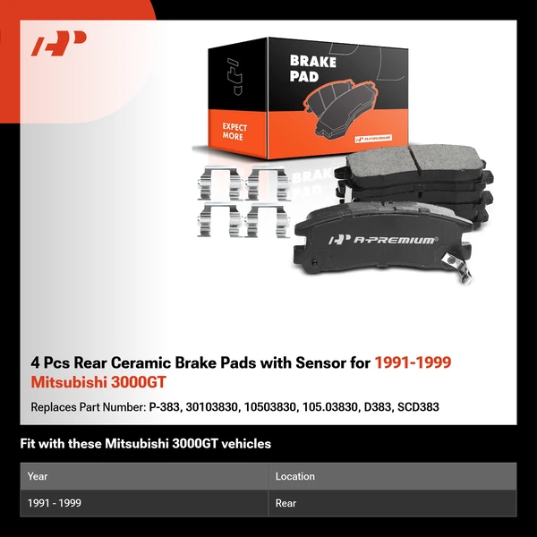 4 Pcs Rear Ceramic Brake Pads with Sensor for 1991-1999 Mitsubishi 3000GT