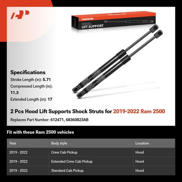 2 Pcs Hood Lift Supports Shock Struts for 2019-2022 Ram 2500