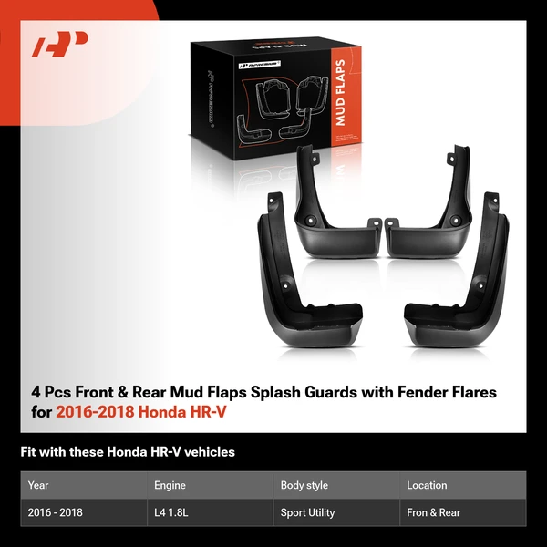 4 Pcs Front & Rear Mud Flaps Splash Guards with Fender Flares for 2016-2018 Honda HR-V