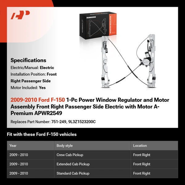 2009-2010 Ford F-150 1-Pc Power Window Regulator and Motor Assembly Front Right Passenger Side Electric with Motor A-Premium APWR2549