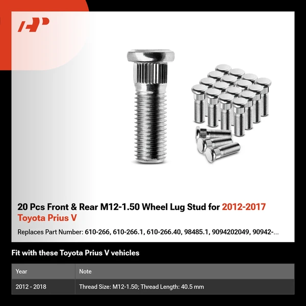 20 Pcs Front & Rear M12-1.50 Wheel Lug Stud for 2012-2017 Toyota Prius V