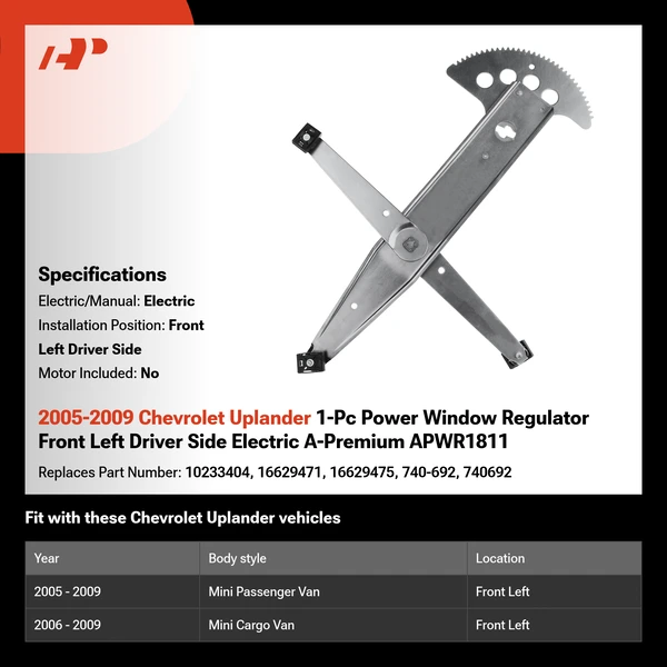 2005-2009 Chevrolet Uplander 1-Pc Power Window Regulator Front Left Driver Side Electric A-Premium APWR1811