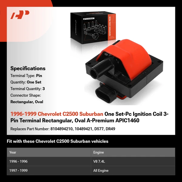 1996-1999 Chevrolet C2500 Suburban One Set-Pc Ignition Coil 3-Pin Terminal Rectangular, Oval A-Premium APIC1460