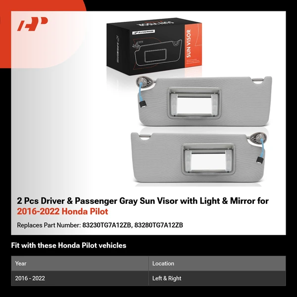 2 Pcs Driver & Passenger Gray Sun Visor with Light & Mirror for 2016-2022 Honda Pilot