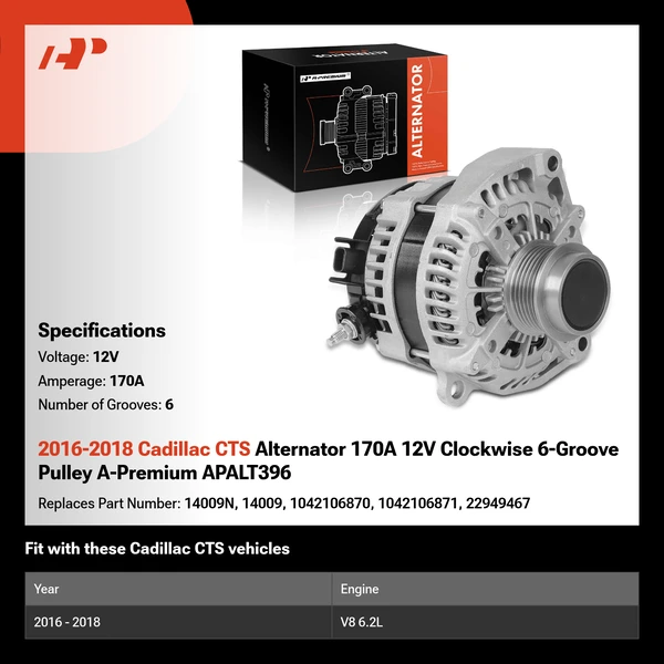 2016-2018 Cadillac CTS Alternator 170A 12V Clockwise 6-Groove Pulley A-Premium APALT396