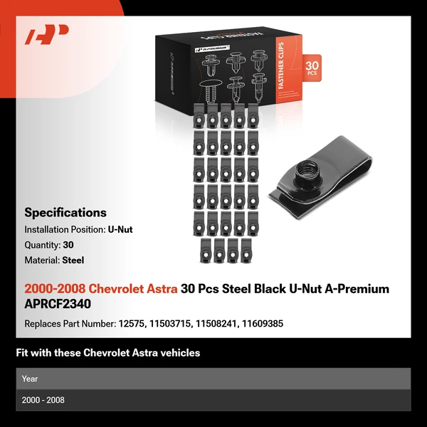2000-2008 Chevrolet Astra 30 Pcs Steel Black U-Nut A-Premium APRCF2340