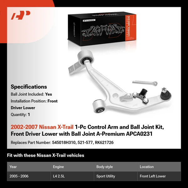2002-2007 Nissan X-Trail 1-Pc Control Arm and Ball Joint Kit, Front Driver Lower with Ball Joint A-Premium APCA0231