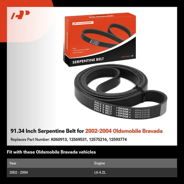 91.34 Inch Serpentine Belt for 2002-2004 Oldsmobile Bravada