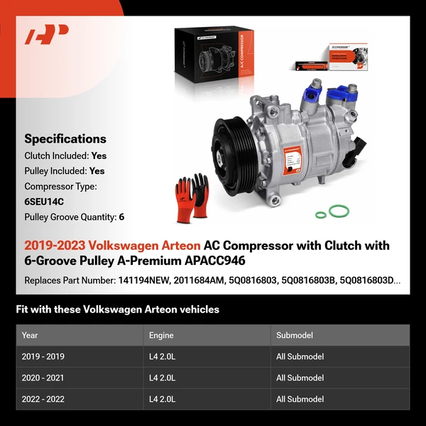 2019-2023 Volkswagen Arteon AC Compressor with Clutch with 6-Groove Pulley A-Premium APACC946