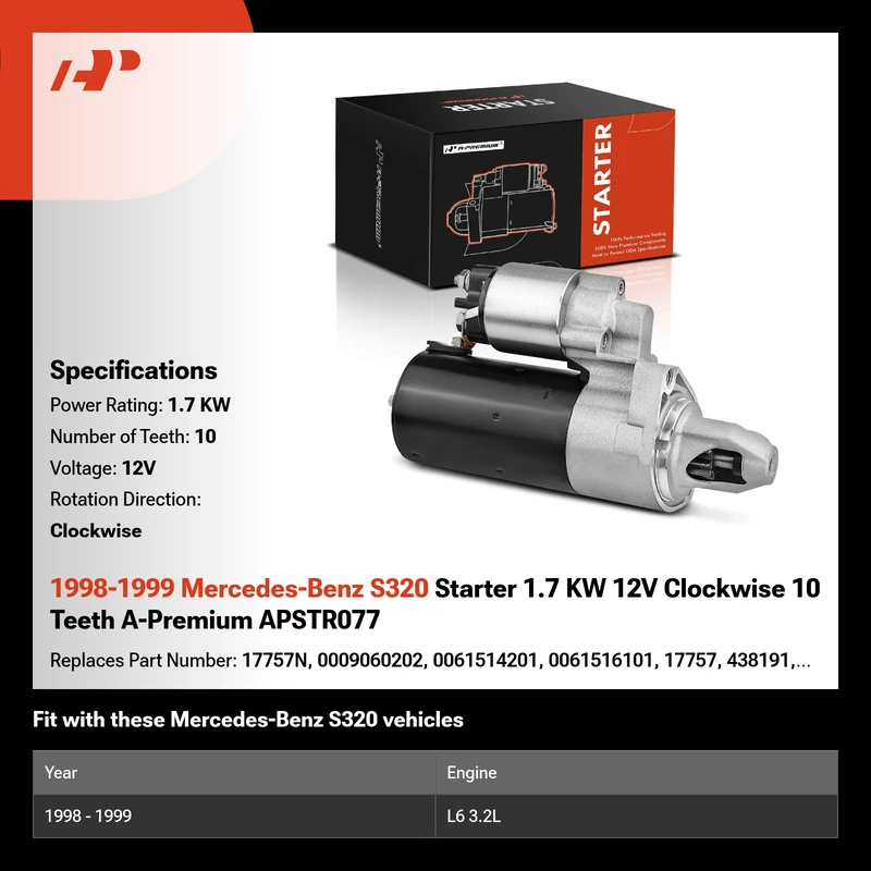 1998-1999 Mercedes-Benz S320 Starter 1.7 KW 12V Clockwise 10 Teeth A-Premium APSTR077