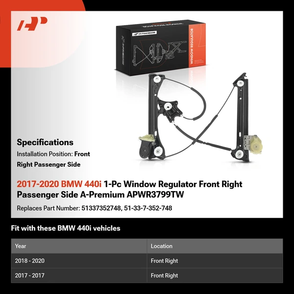 2017-2020 BMW 440i 1-Pc Window Regulator Front Right Passenger Side A-Premium APWR3799TW