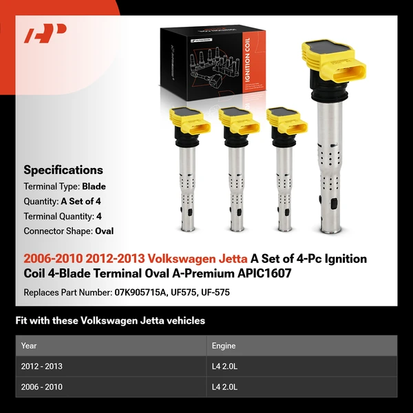 2006-2010 2012-2013 Volkswagen Jetta A Set of 4-Pc Ignition Coil 4-Blade Terminal Oval A-Premium APIC1607