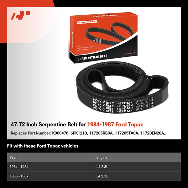 47.72 Inch Serpentine Belt for 1984-1987 Ford Topaz